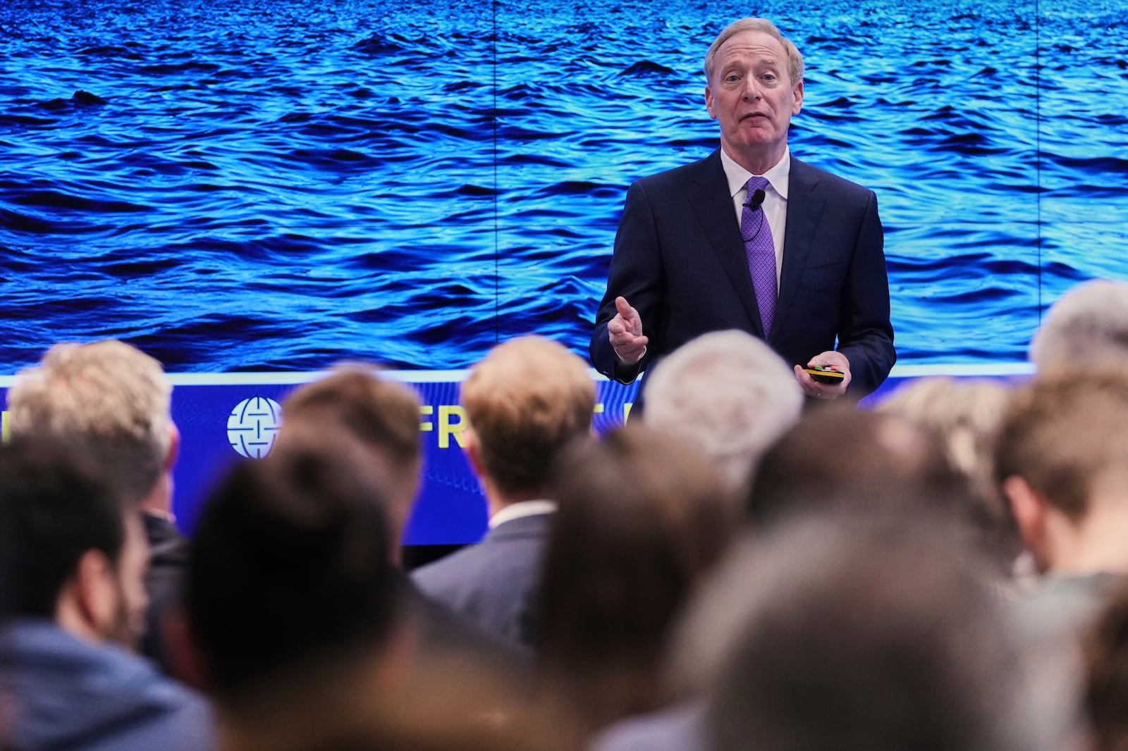 Microsoft's President Brad Smith speaks during a conference on digital resilience during geopolitical volatility in Brussels, Wednesday, April 30, 2025. (AP Photo/Virginia Mayo)