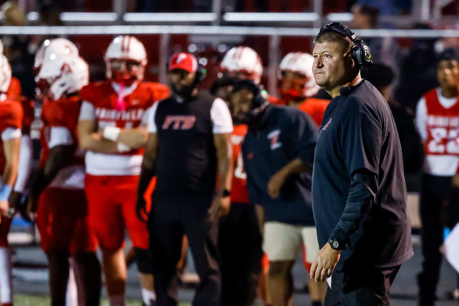 Fairfield head coach Jason Krause walks the sideline during their football game against Hamilton Friday, Oct. 4, 2024 at Fairfield Alumni Stadium. Hamilton won 43-21. NICK GRAHAM/STAFF