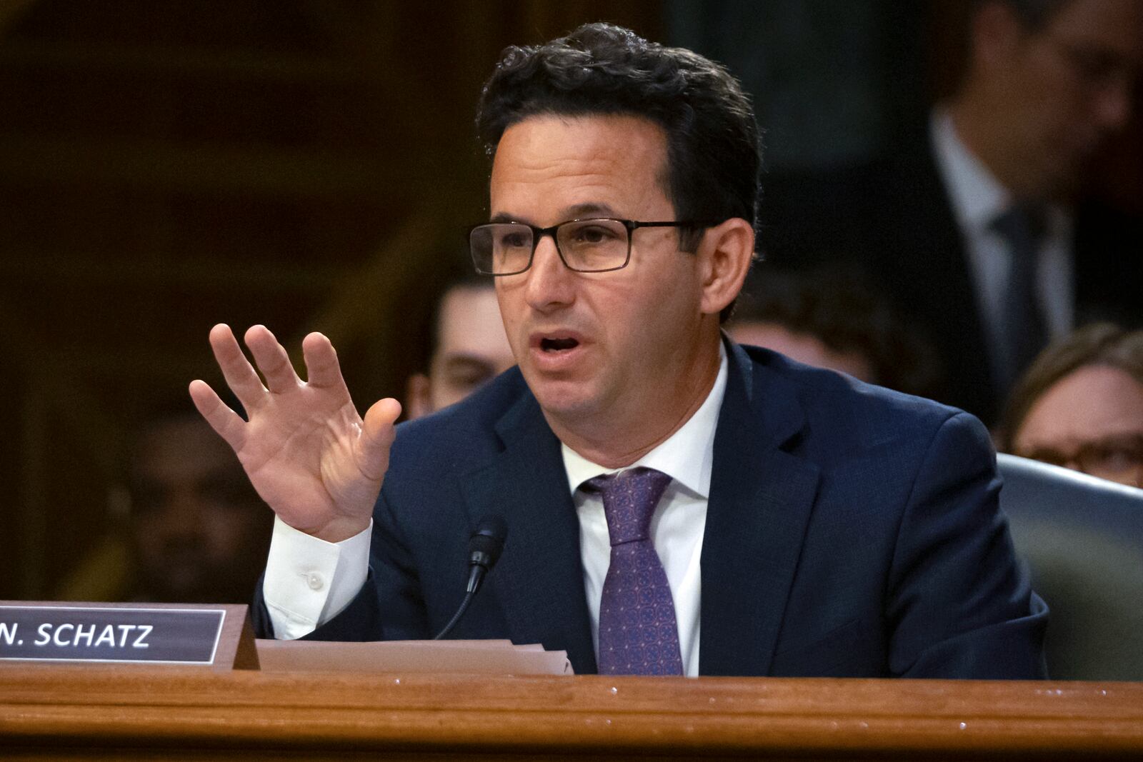 FILE - Sen. Brian Schatz, D-Hawaii, speaks during a hearing of the Senate Appropriations Committee on Capitol Hill, Nov. 20, 2024, in Washington. (AP Photo/Mark Schiefelbein, File)