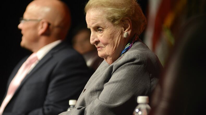 Former U.S. Secretary of State Madeleine Albright spoke to several hundred people on Monday evening inside Millett Hall on the campus of Miami University in Oxford. Her speech was a part of the Farmers School of Business Lecture Series.
