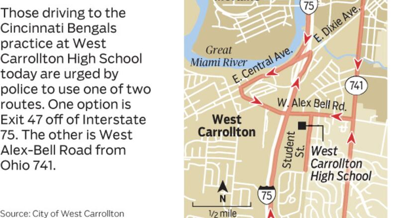 To divide up the traffic seeking to attend the Bengals practice at West Carrollton High School Monday, officials are asking drivers coming on Interstate 75 to use exit 47 in West Carrollton.