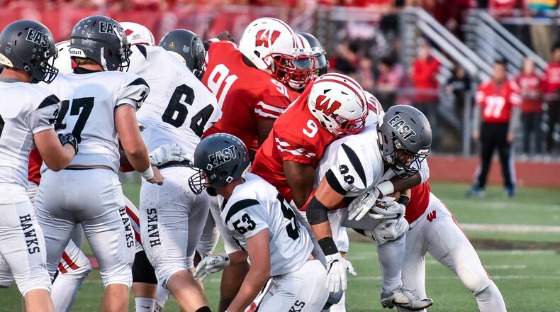 Lakota East’s Jack Dobrozsi carries the ball during a game at Lakota West on Sept. 29, 2017. The visiting Thunderhawks won 35-0. NICK GRAHAM/STAFF
