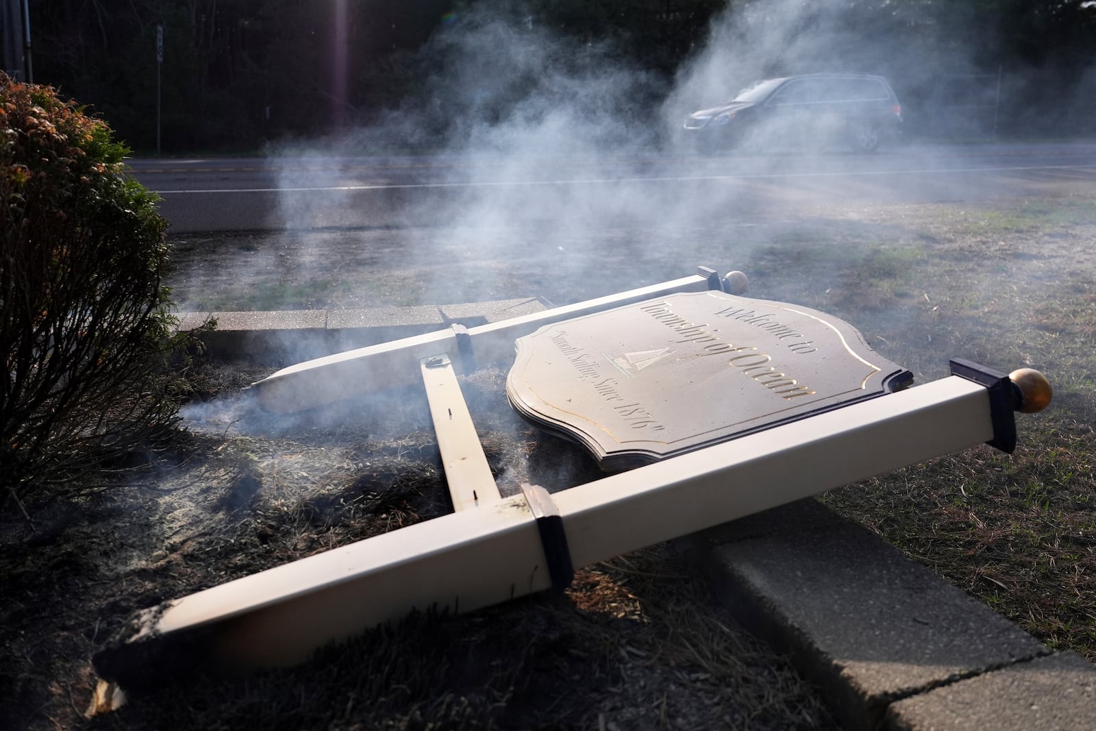 Damage from a wildfire is seen Wednesday, April 23, 2025, in Ocean Township, N.J. (AP Photo/Matt Slocum)