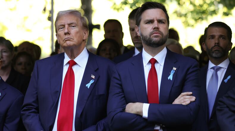 FILE - Republican presidential nominee former President Donald Trump and Republican vice presidential nominee Sen. JD Vance, R-Ohio, attend the 9/11 Memorial ceremony on the 23rd anniversary of the Sept. 11, 2001 attacks, Wednesday, Sept. 11, 2024, in New York. (AP Photo/Yuki Iwamura, File)