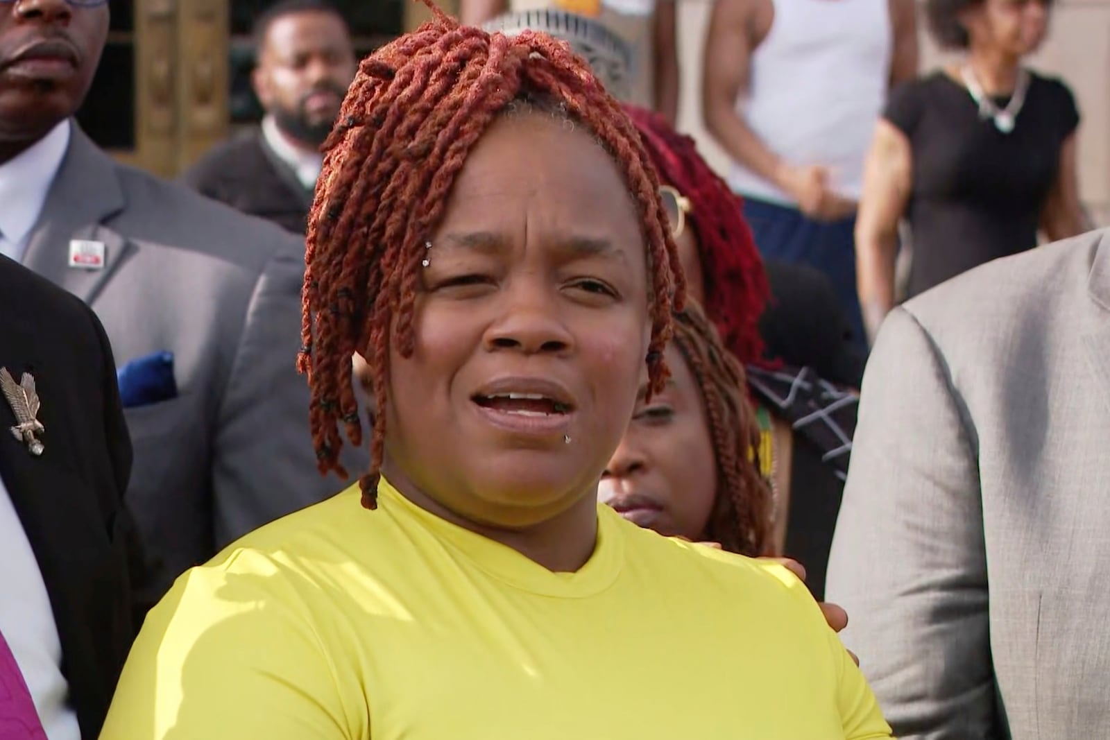 In this photo made from video provided by WHAS-11 News, Breonna Taylor's mother, Tamika Palmer, speaks outside the federal courthouse, Monday, July 21, 2025, in Louisville, Ky. (WHAS-11 News via AP)