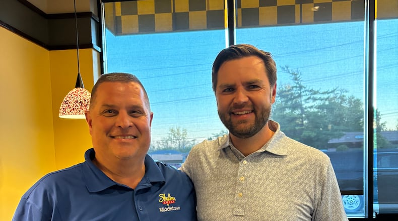 Vice president candidate JD Vance, right, poses with Phil Fillios, one of the Skyline owners, Saturday night in the restaurant. SUBMITTED PHOTO