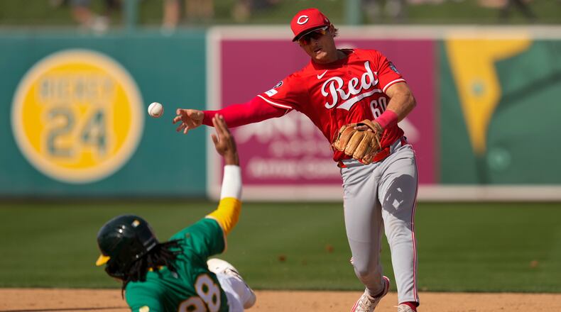 Cincinnati Reds second base Tyler Callihan (60) forces out Athletics' Joshua Kuroda-Grauer (98) and completes a double play by getting out Athletics' Luis Urías at first base during the fifth inning of a spring training baseball game, Friday, Feb. 28, 2025, in Mesa, Ariz. (AP Photo/Carolyn Kaster)