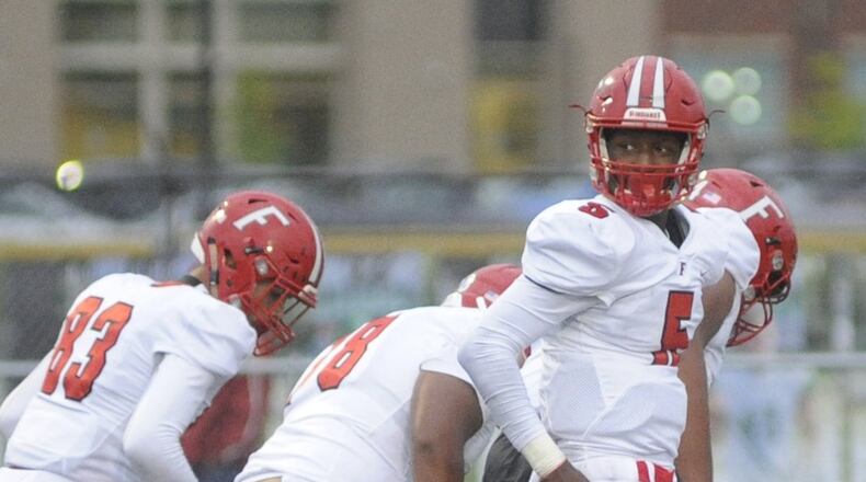 Fairfield quarterback Jeff Tyus takes a look behind him Sept. 1, 2017, during a 28-21 loss at Northmont. MARC PENDLETON/STAFF