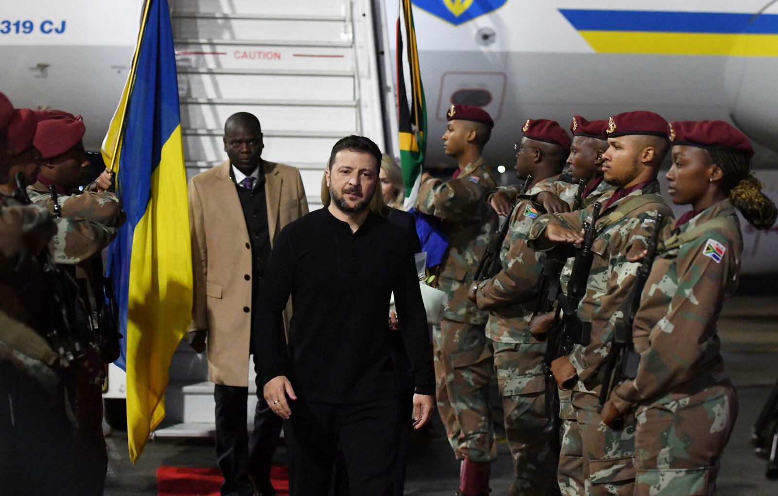 In this photo released by South African Government Communications and Information Services (GCIS), Ukrainian President Volodymyr Zelenskyy arrives in Pretoria, South Africa, for a state visit where he will meet South Africa's President Cyril Ramaphosa, Thursday, April 24, 2025. (AP Photo/GCIS via AP)