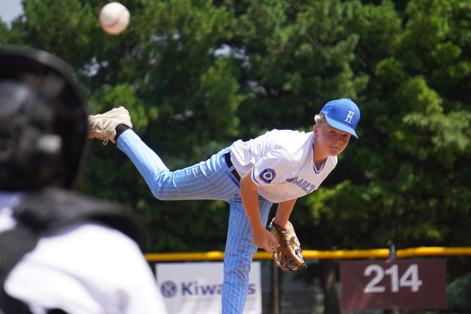 West Side's Gavyn Spears sends a pitch to the plate during his Ohio Little League state championship game against New Albany on Thursday at the Field of Dreams in Boardman. West Side won 17-5. CHRIS VOGT / CONTRIBUTED