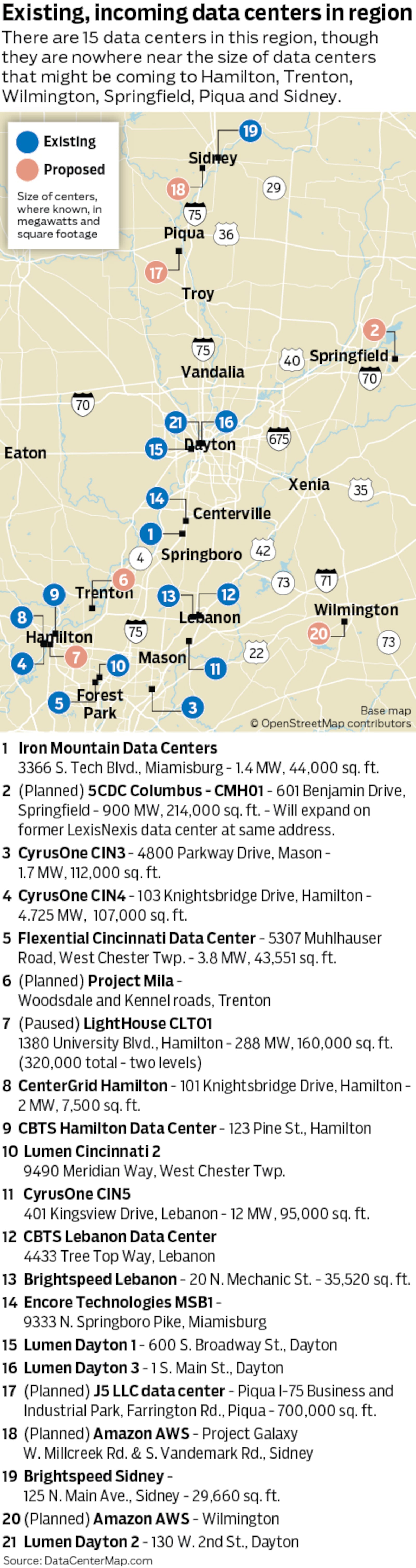 Existing , planned data centers in region