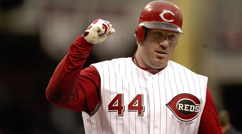 CINCINNATI - APRIL 3: Outfielder Adam Dunn #44 of the Cincinnati Reds celebrates being batted in against the Chicago Cubs on Opening Day at Great American Ball Park on April 3, 2006 in Cincinnati, OH. (Photo by Thomas E. Witte/Getty Images)