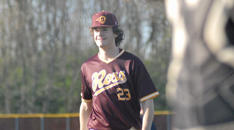 Ross junior relief pitcher Logan Hammons walks off the mound with a smile against Landmark Christian on Tuesday. Chris Vogt/CONTRIBUTED