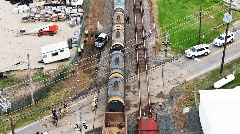The passenger of a pickup truck was transported to a hospital with unknown injuries after being struck by a trainon Trenton Road in St. Clair Twp. The driver of the pickup truck was not injured. NICK GRAHAM/STAFF
