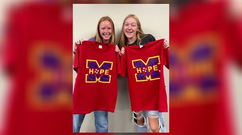 Middletown High School juniors Bre Boyle and Ava Lange model Hope Squad T-Shirts their group will be sporting during the Sept. 9 football game at Barnitz Stadium between Middletown and Lakota East High School. The GMC sports rivals are combining forces to publicize the squads' anti-teen suicide programs at each school and plan to hand out literature to fans at the game. (Provided Photo\Journal-News)