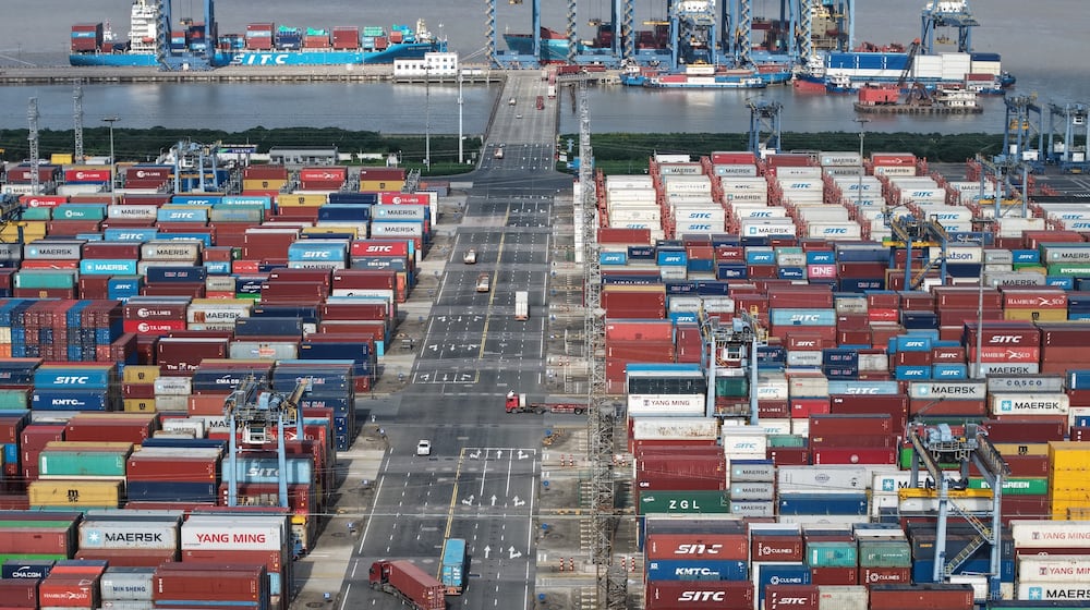 An aerial view of a container terminal in seen in Shanghai, Tuesday, March 10, 2026. (Chinatopix via AP)