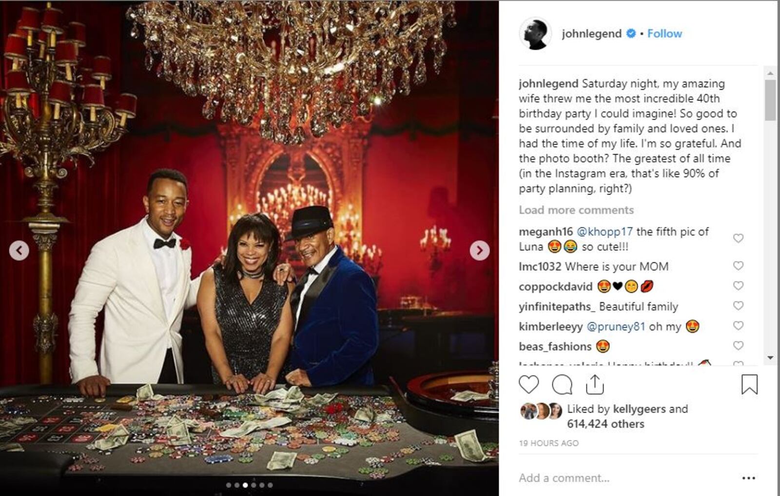 John Legend (John  Stephens) pictured at his 40th birthday bash with his father Ronald Stephens Sr. and an unidentified woman.