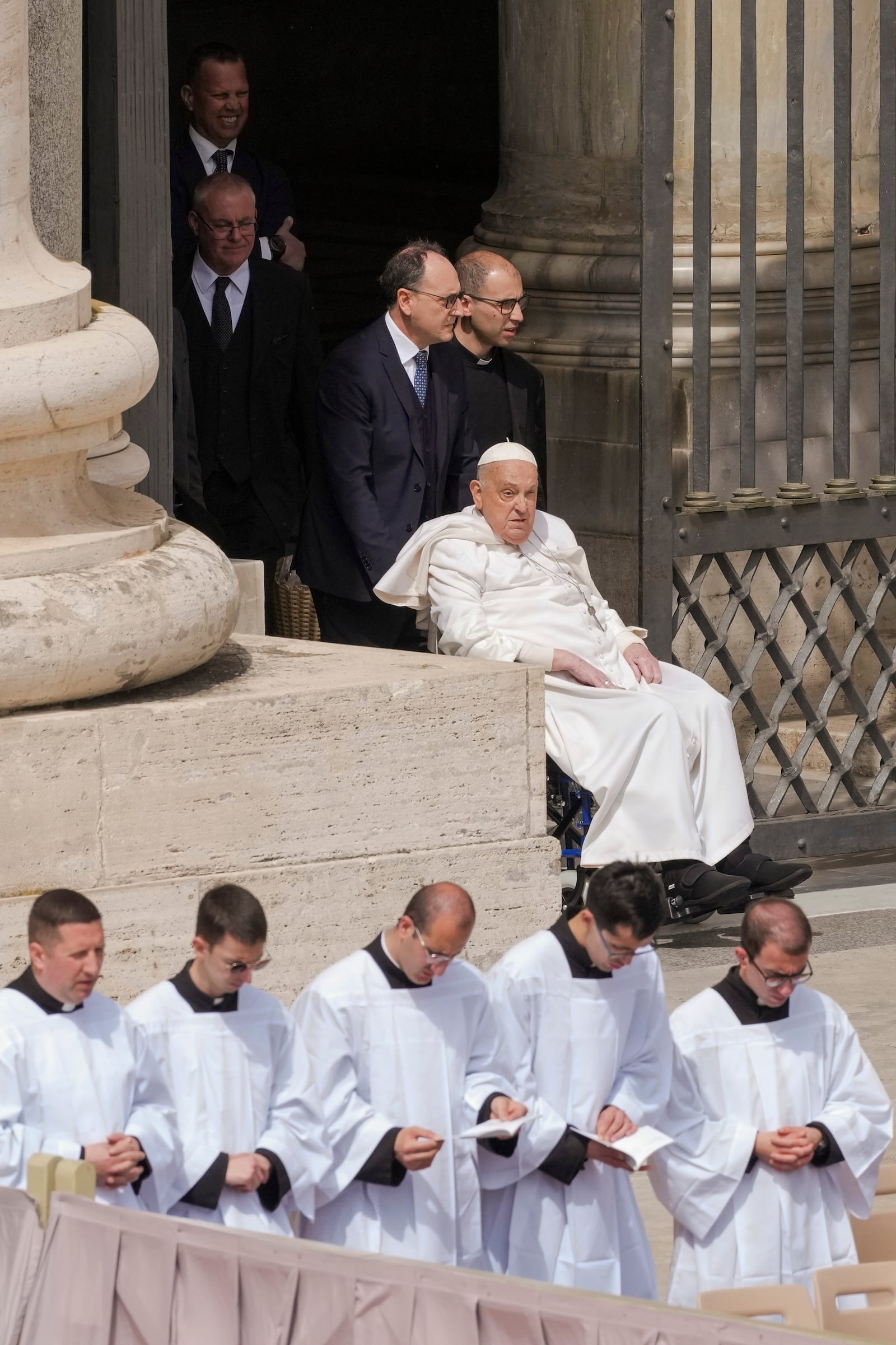 Pope Francis arrives at the end of the mass on Palm Sunday in St. Peter's Square at The Vatican, Sunday, April 13, 2025. (AP Photo/Alessandra Tarantino)