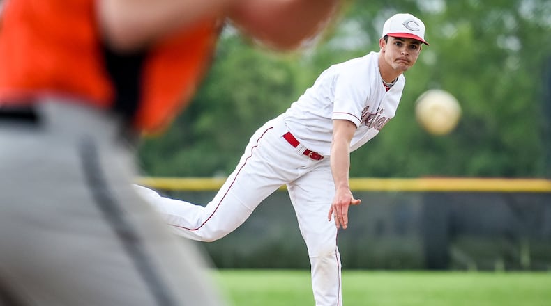 Adam Goodpaster, who’s expected to be the starting pitcher for Carlisle in Thursday’s Division III regional semifinal against Cincinnati Country Day, throws a pitch during a 7-5 win over Waynesville on May 1 at Carlisle’s Sam Franks Field. NICK GRAHAM/STAFF