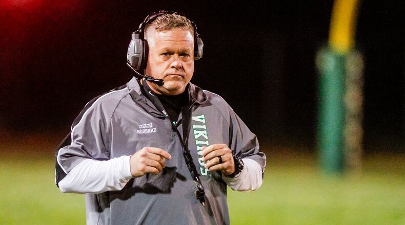 New Miami head football coach Jessie Hubbard stands on the sideline during their game against Cincinnati Country Day Friday, Oct. 25, 2019 at New Miami High School. New Miami defeated Cincinnati Country Day 34-6 and is 9-0 for the first time in school history. NICK GRAHAM/STAFF