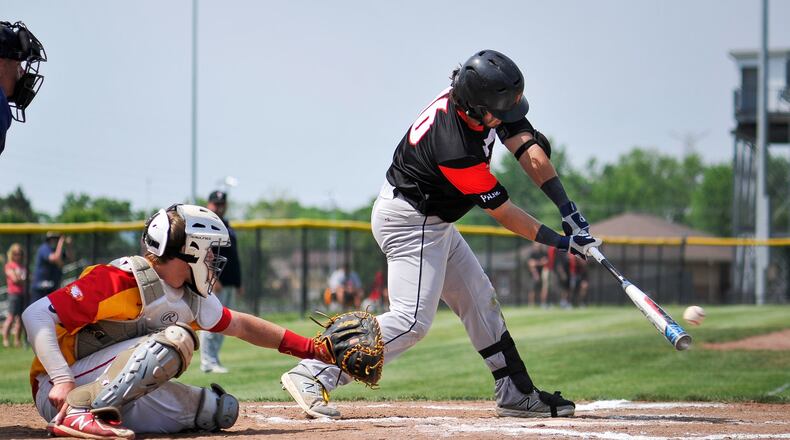 Franklin’s Aaron Blake connects for a single during their Division II district championship baseball game against Fenwick on May 24 at Miamisburg. Franklin won 11-2. NICK GRAHAM/STAFF