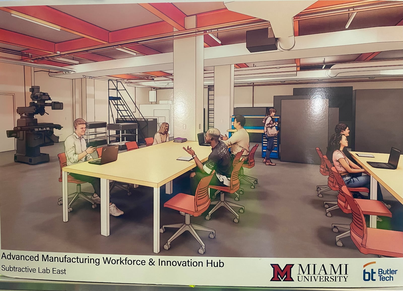 Construction crews are now busy with a $31 million project as they transform a former Hamilton industry icon’s corporate headquarters into a regionally unique school to train Butler County teens and adults to fill area jobs in booming manufacturing companies. The joint project converting the former VORA technology park involves the largest partnership between Butler Tech and Miami University in the career school’s history. Shown is artist rendering of one of the future learning spaces. (Provided)