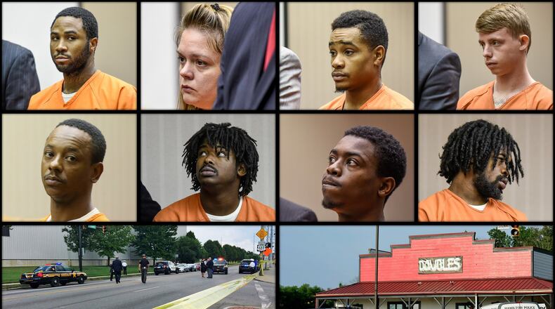 Top Row, left to right: Zachary Harris, Melinda Gibby, Michael Grevious and Tony Patete are all facing the death penalty if convicted in connection with the drive-by shooting on Central Avenue on Aug. 3. Second Row, Left to right: Cornell McKennelly, Mondale Goens, Rodrick Curtis Jr. and Cory Cook III are all charge in connection with Doubles Bar shooting