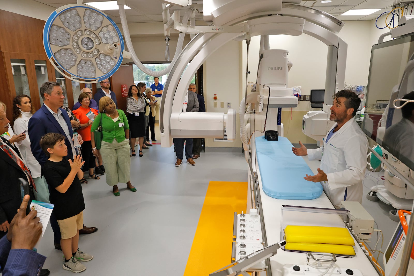 Neurologist Dr. Jody Short explains Mercy Health's new Interventional Neurology Suite at Springfield Regional Medical Center Wednesday, Sept. 6, 2023 during an open house and ribbon cutting for the new facility. The suite features a biplane angiography, an advanced, minimally invasive technology used to diagnose and treat strokes as well as other neurological conditions. BILL LACKEY/STAFF