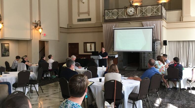 Mary Huttlinger, executive director of the Middletown Visitors Bureau makes a presentation to nearly 50 people last month at the Windamere Event Venue and Art Gallery. It was the organization’s first strategic update with community stakeholders since its year-long reorganization. ED RICHTER/STAFF