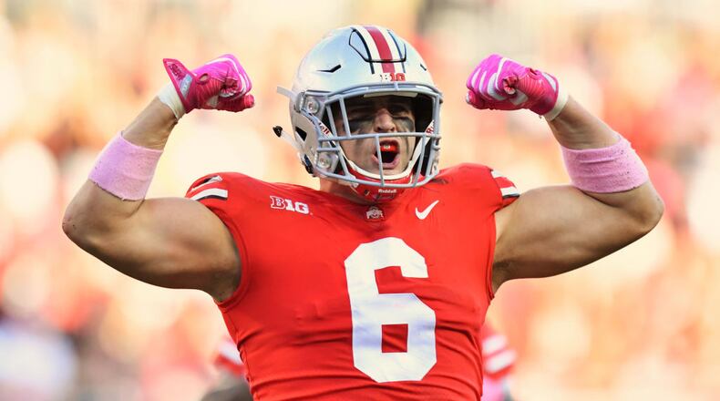 COLUMBUS, OH - OCTOBER 7: Sam Hubbard #6 of the Ohio State Buckeyes celebrates after making a tackle for a loss in the second quarter against the Maryland Terrapins at Ohio Stadium on October 7, 2017 in Columbus, Ohio. (Photo by Jamie Sabau/Getty Images)