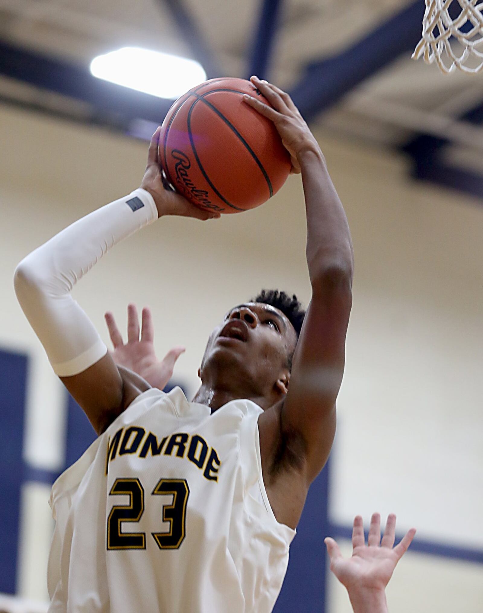 Monroe forward Tristan Backas eyes the basket during Tuesday night’s game against visiting Talawanda. CONTRIBUTED PHOTO BY E.L. HUBBARD