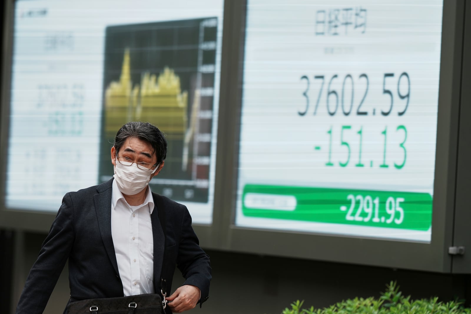 A person walks in front of an electronic stock board showing Japan's Nikkei index at a securities firm Monday, May 19, 2025, in Tokyo. (AP Photo/Eugene Hoshiko)