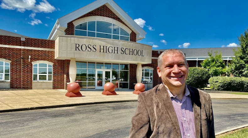 Butler County’s longest-tenured high school principal is also the leader of its consistently highest ranked school. Ross High School Principal Brian Martin is now in his 15th year and the latest annual ranking of public high schools nationwide by U.S. News & World Report shows the school is still the highest-rated in Butler County and one of top-rated in Ohio. (Photo By Michael D. Clark/Journal-News)