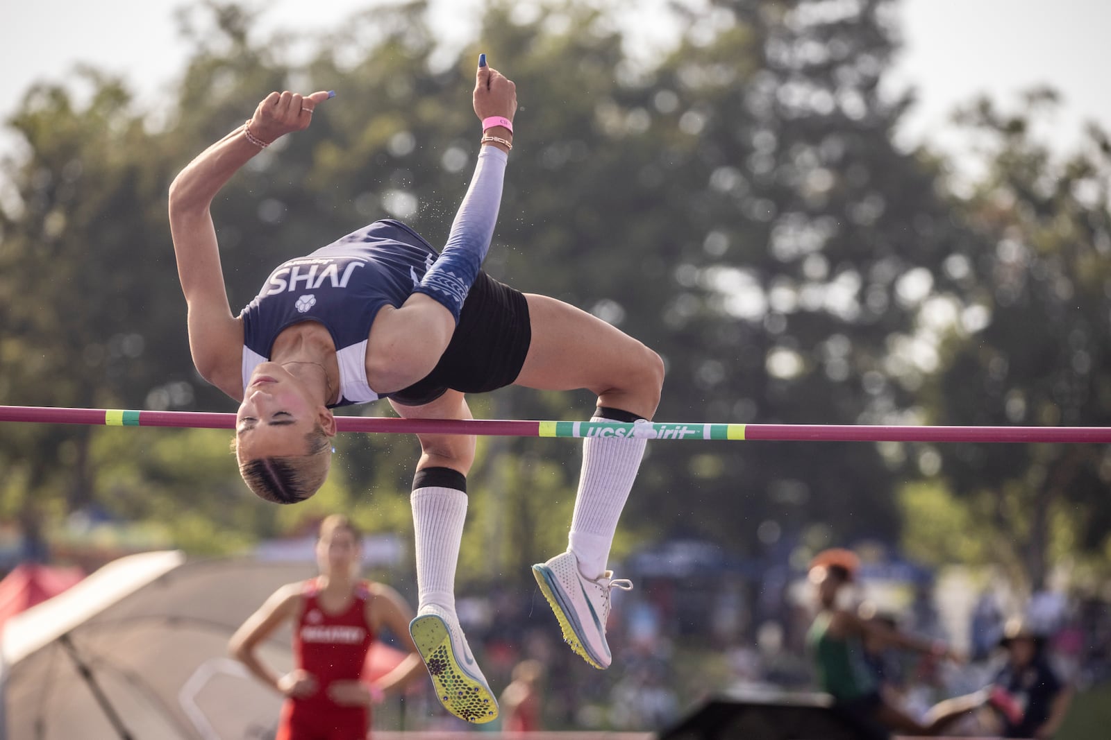 FILE - AB Hernandez, a transgender student at Jurupa Valley High School, competes in the high jump at the California high school track-and-field championships in Clovis, Calif., Saturday, May 31, 2025. (Stephen Lam/San Francisco Chronicle via AP, file)