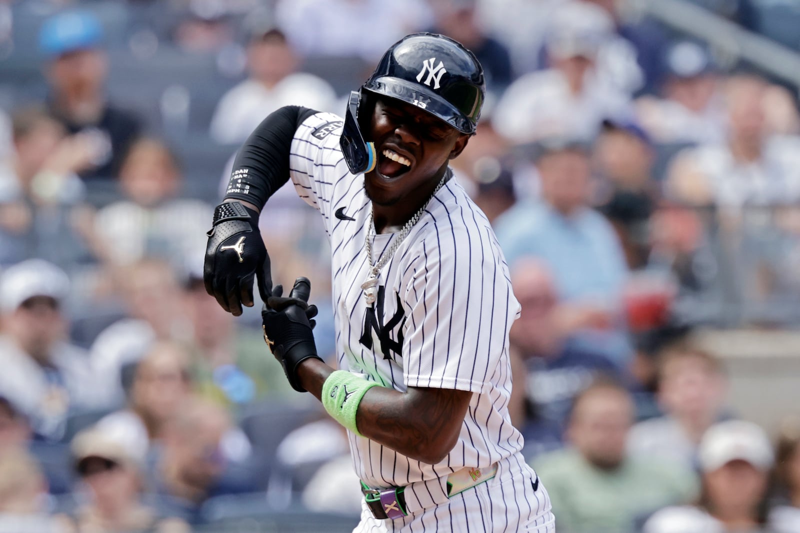 New York Yankees' Jazz Chisholm Jr. reacts after striking out during the sixth inning of a baseball game against the Athletics, Sunday, June 29, 2025, in New York. (AP Photo/Adam Hunger)