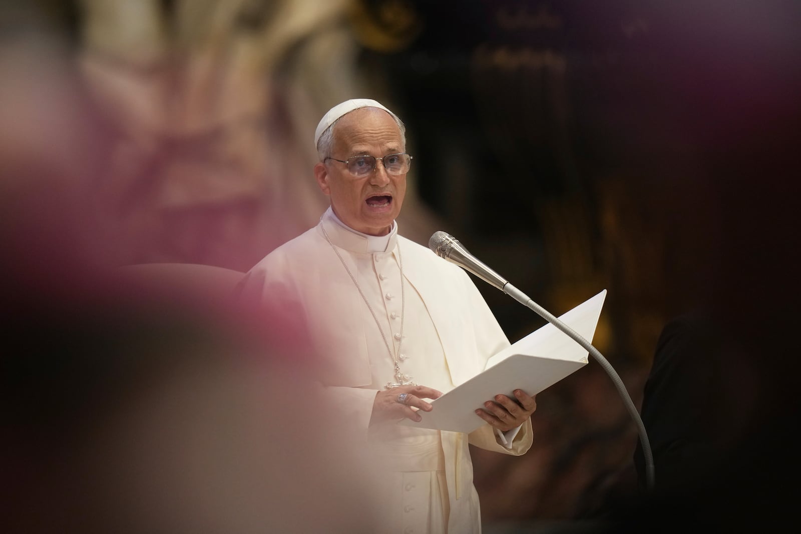 Pope Leo XIV leads a meditation with the participants into the Jubilee of Bishops inside St. Peter's Basilica, at the Vatican, Wednesday, June 25, 2025. (AP Photo/Andrew Medichini)