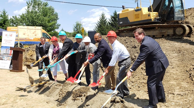 A groundbreaking ceremony Thursday, Aug. 8, 2019, heralded the start of construction for an avid Hotel, the first for the new brand in Ohio. The 95-room hotel is expected to open in the first quarter of 2020. ERIC SCHWARTZBERG/STAFF