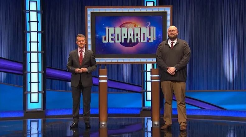 "Jeopardy!" host Ken Jennings with Troy High School graduate Zack Russell of Centerville. FACEBOOK