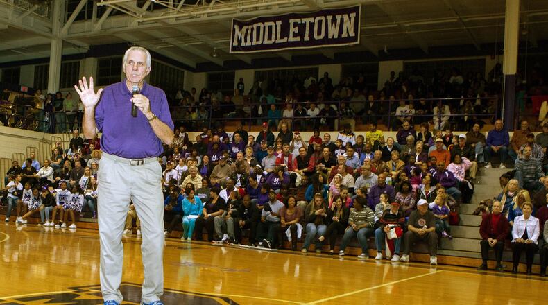 Middletown High School officials have said Wade E. Miller Gym may host one more basketball game next season. Three years ago, the court was named in honor of Jerry Lucas, above, who led the Middies to two state titles. STAFF FILE PHOTO