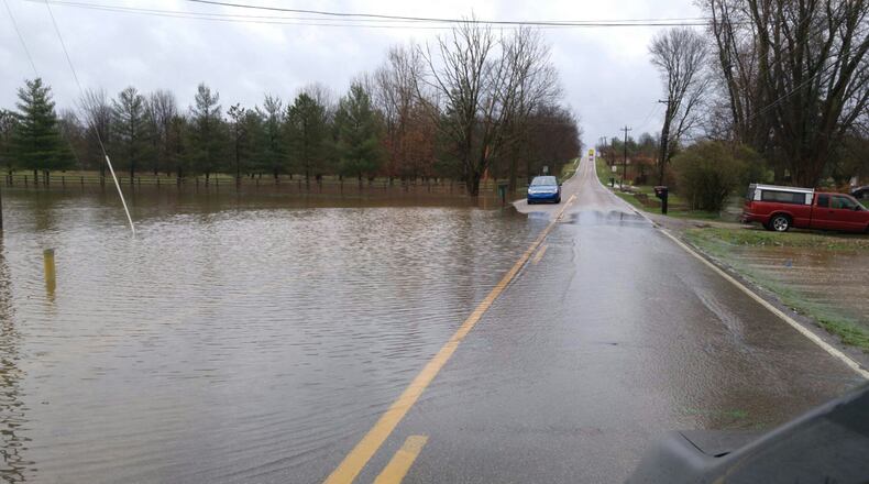Water covers Millikin Road between Cincinnati Dayton Road and Yankee Road in Liberty Twp. This is a common problem area during heavy rain.