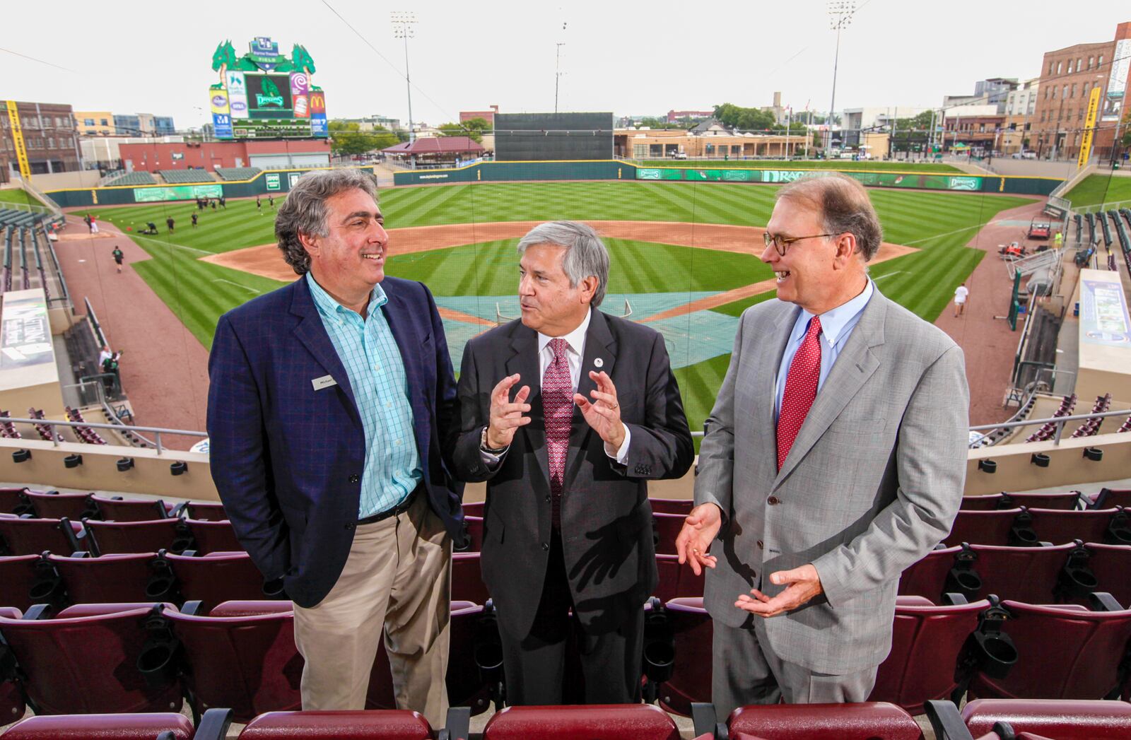 In 2014, the owners of Palisades Arcadia Baseball LLC, Michael Savit, Greg Rosenbaum and Nick Sakellariadis (left to right), completed the purchase of the Dayton Dragons franchise from Mandalay Baseball Properties LLC. FILE PHOTO