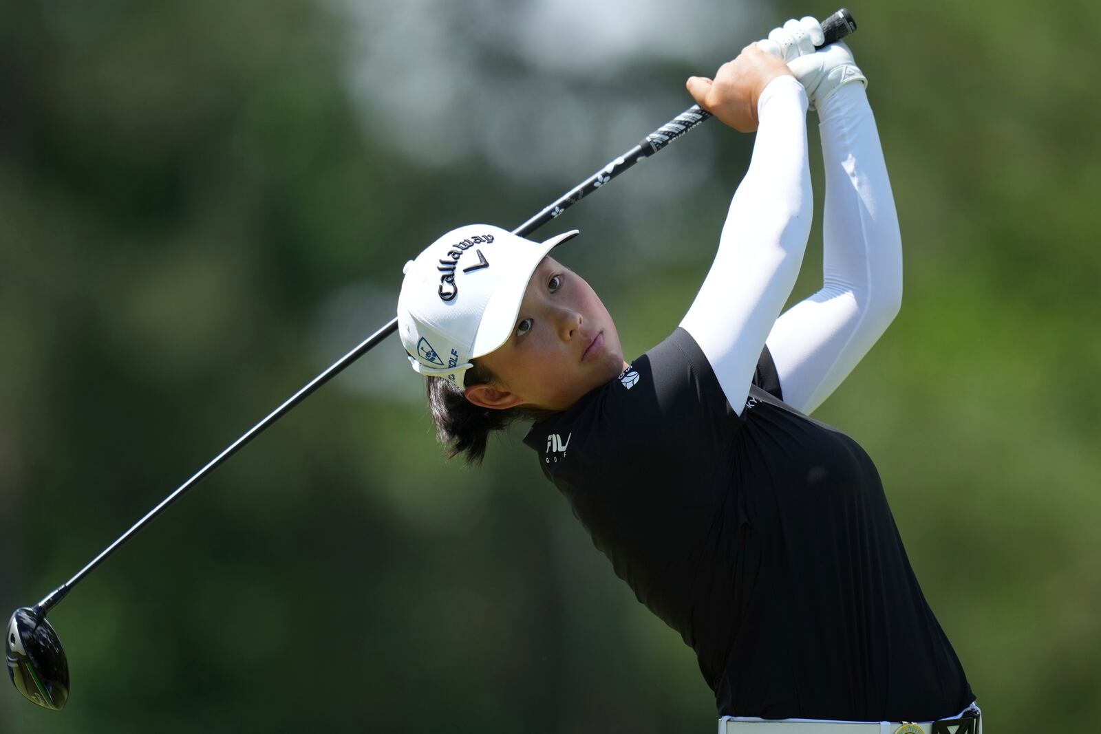 Ruoning Yin, of China, hits from the second tee during the final round of the Chevron Championship LPGA golf tournament Sunday, April 27, 2025, in The Woodlands, Texas. (AP Photo/Eric Gay)
