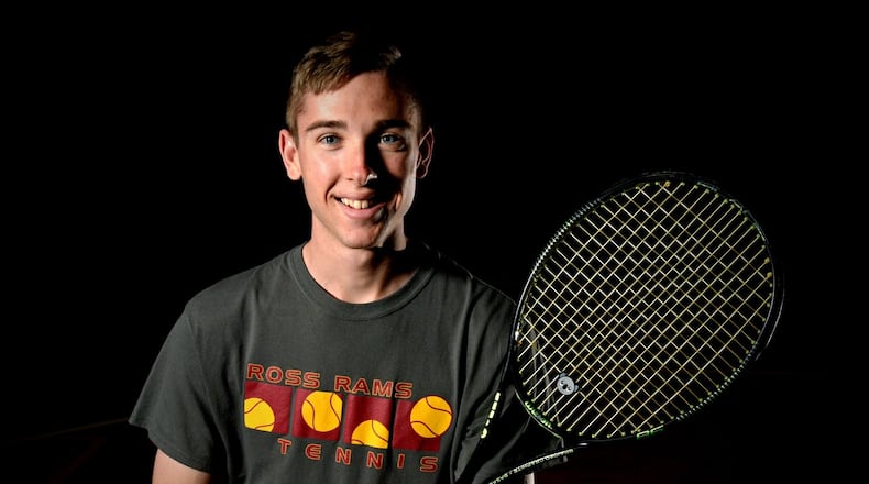 Ross High School senior tennis player Justin Bolin is a three-time Southwest Ohio Conference Player of the Year. NICK GRAHAM/STAFF