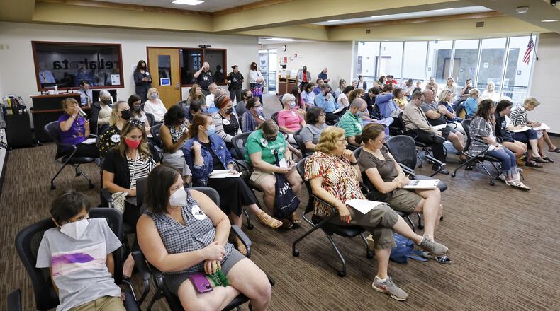 Community members voiced their concerns on masking versus not masking students for the upcoming school year during a Lakota Schools Board of Education meeting Thursday morning, Aug. 5, 2021 at Lakota Plains Junior School. NICK GRAHAM / STAFF