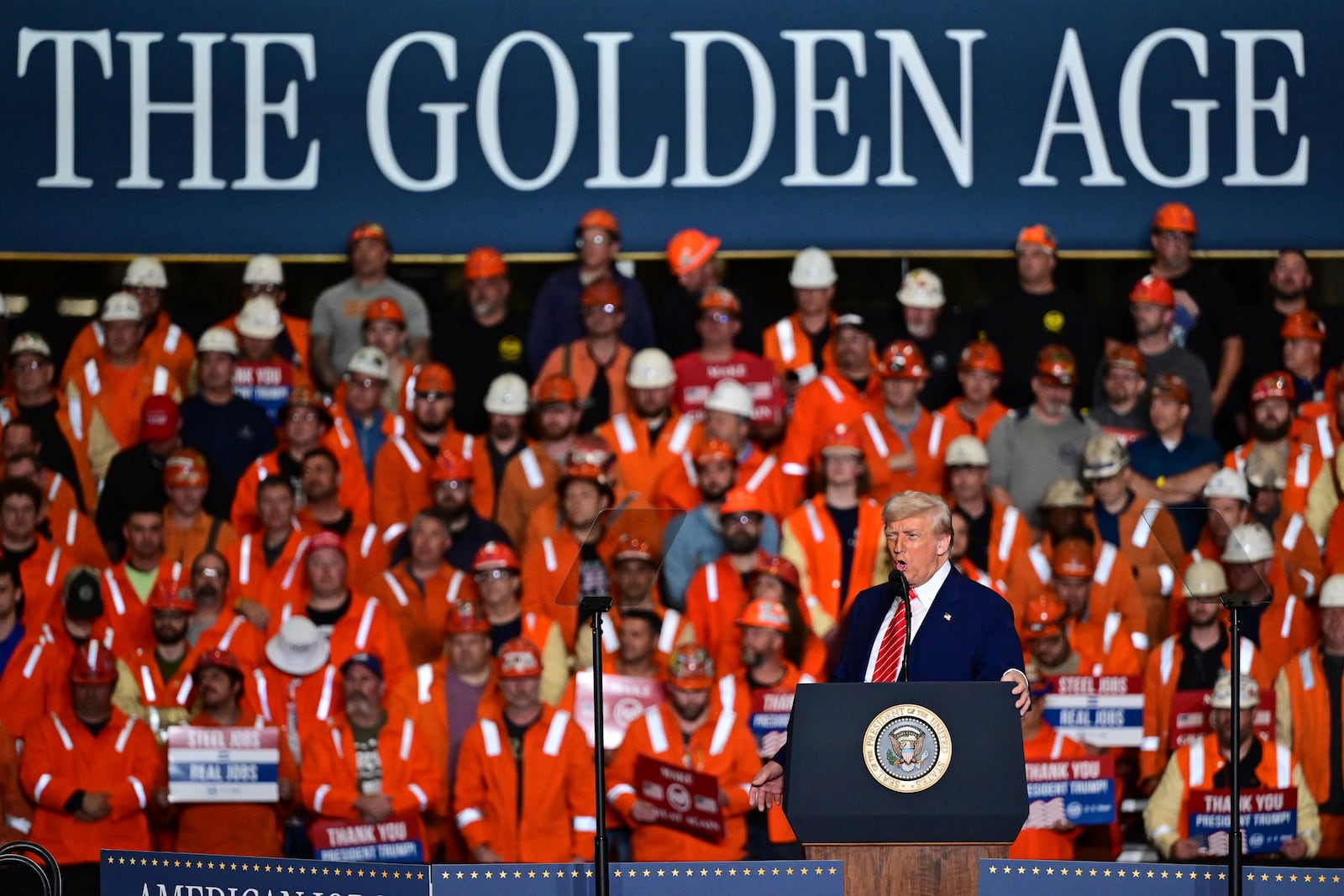 President Donald Trump speaks at the U.S. Steel Mon Valley Works-Irvin Plant, Friday, May 30, 2025, in West Mifflin, Pa. (AP Photo/David Dermer)