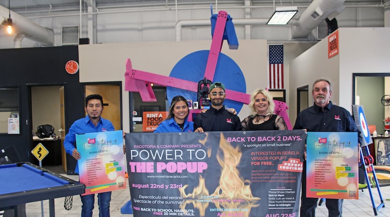 Pagotopia & Company will hold a soft opening Friday and Saturday in the former iDrive car lot, 5515 Dixie Hwy., in Fairfield. There will be a car meet, popup vendors, face painting, raffles, and performances. Pictured, from left are Arael Robiero, Daniela Flores, Sharoz Zindani, Tabatha Anderson, and Paul Van Winkle. SUE KIESEWETTER/CONTRIBUTED