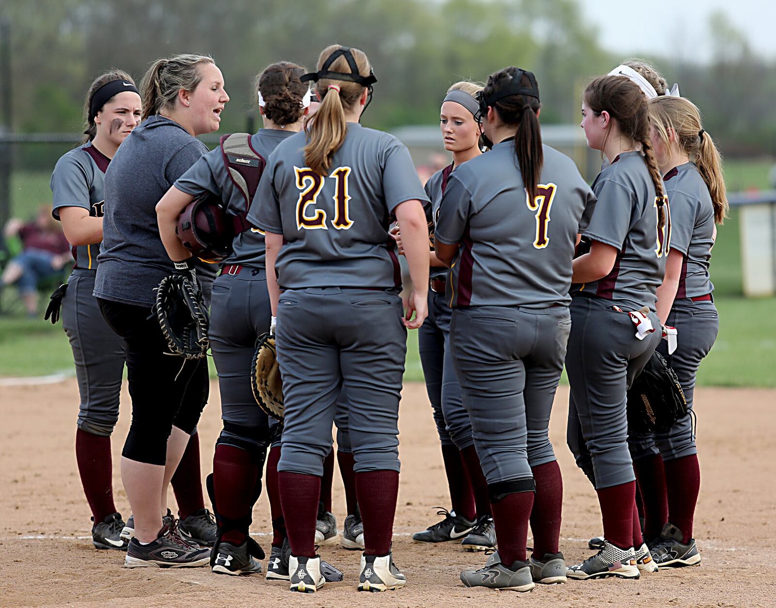 Ross coach Anna Winters talks with her team during Friday’s game at Edgewood. CONTRIBUTED PHOTO BY E.L. HUBBARD