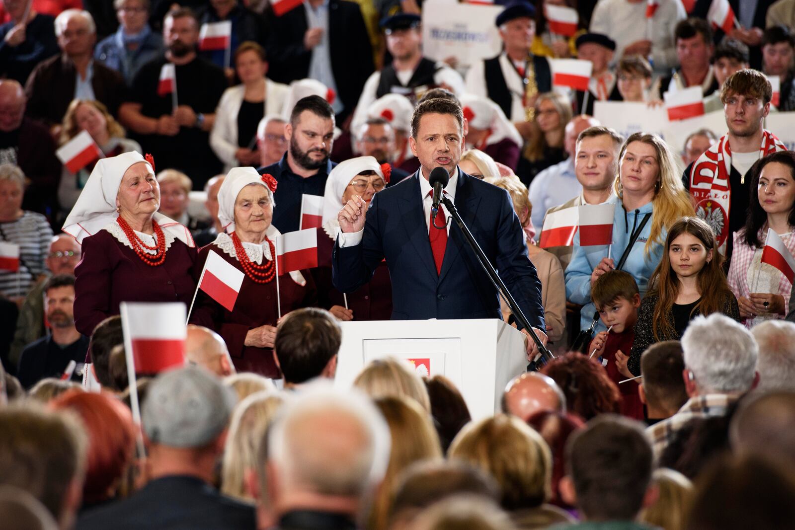 Warsaw's Mayor and presidential candidate Rafal Trzaskowski celebrates exit poll results during the presidential election night in Sandomierz, Poland, Sunday, May 18, 2025. (AP Photo/ Aleksander Kalka)