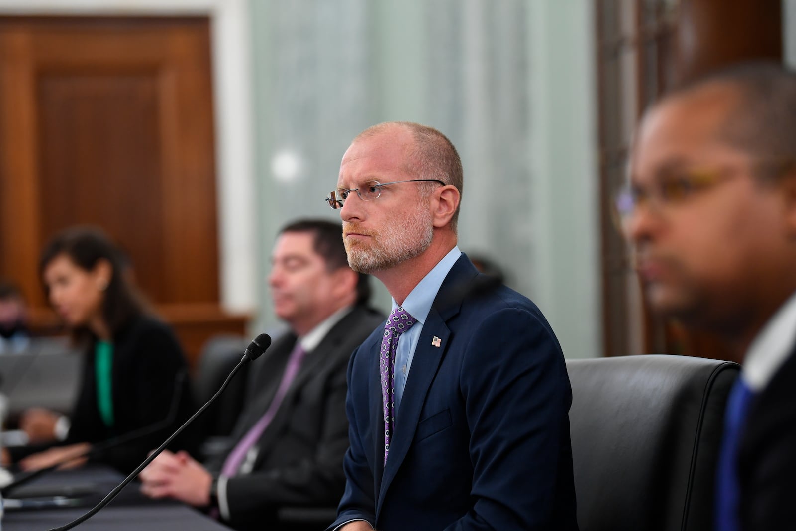 FILE - Brendan Carr listens during a Senate Commerce, Science, and Transportation committee hearing to examine the Federal Communications Commission on Capitol Hill in Washington, June 24, 2020. (Jonathan Newton/The Washington Post via AP, File)