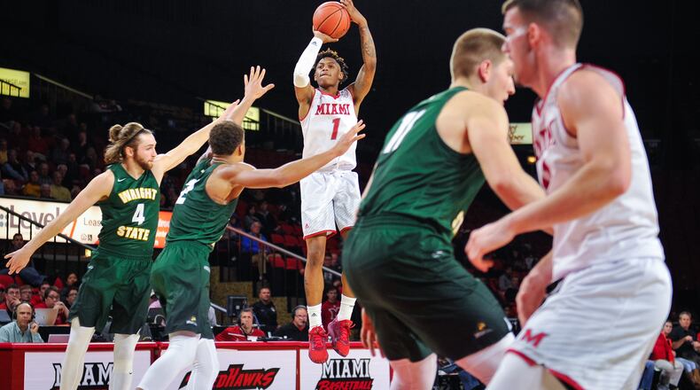 Miami’s Nike Sibande shoots a jumper during their game Tuesday, Nov. 14, 2017, at Millett Hall on the Miami University Campus in Oxford. NICK GRAHAM/STAFF